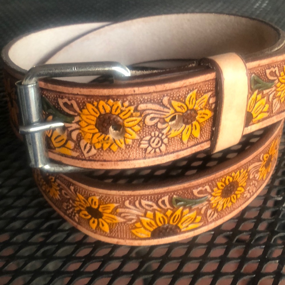 Sunflower Embossed Brown Leather Belt